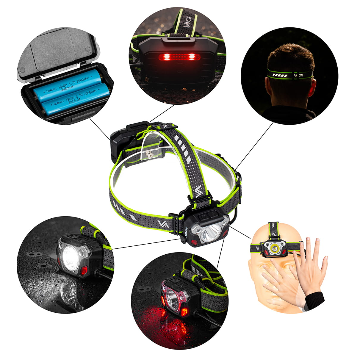 Reflektor czołowy, z komponentami i różnymi widokami. Posiada szary i neonowo-zielony pasek.