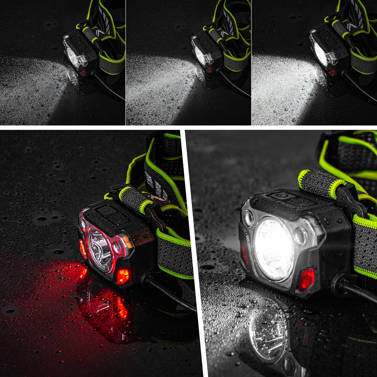 Zbliżenia latarki czołowej pokazujące różne ustawienia światła. Latarka jest czarna z zielonym paskiem.