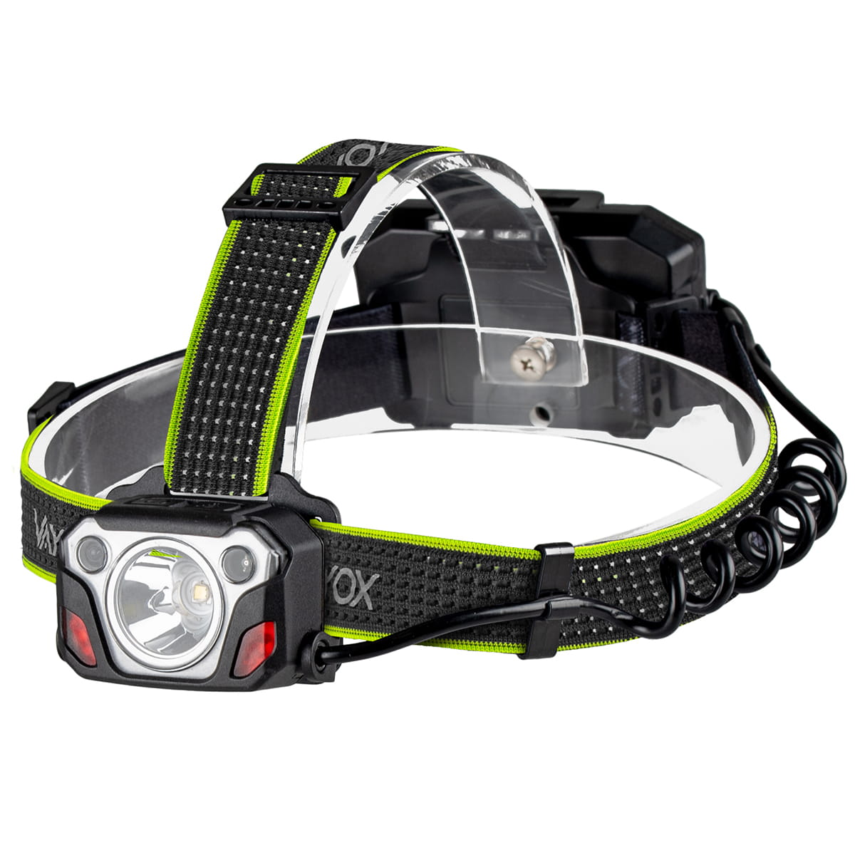 Latarka czołowa z przezroczystą plastikową osłoną i neonowymi zielonymi akcentami.