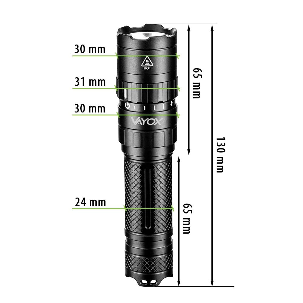 Czarna latarka z wymiarami w mm. Posiada etykietę Vayox.