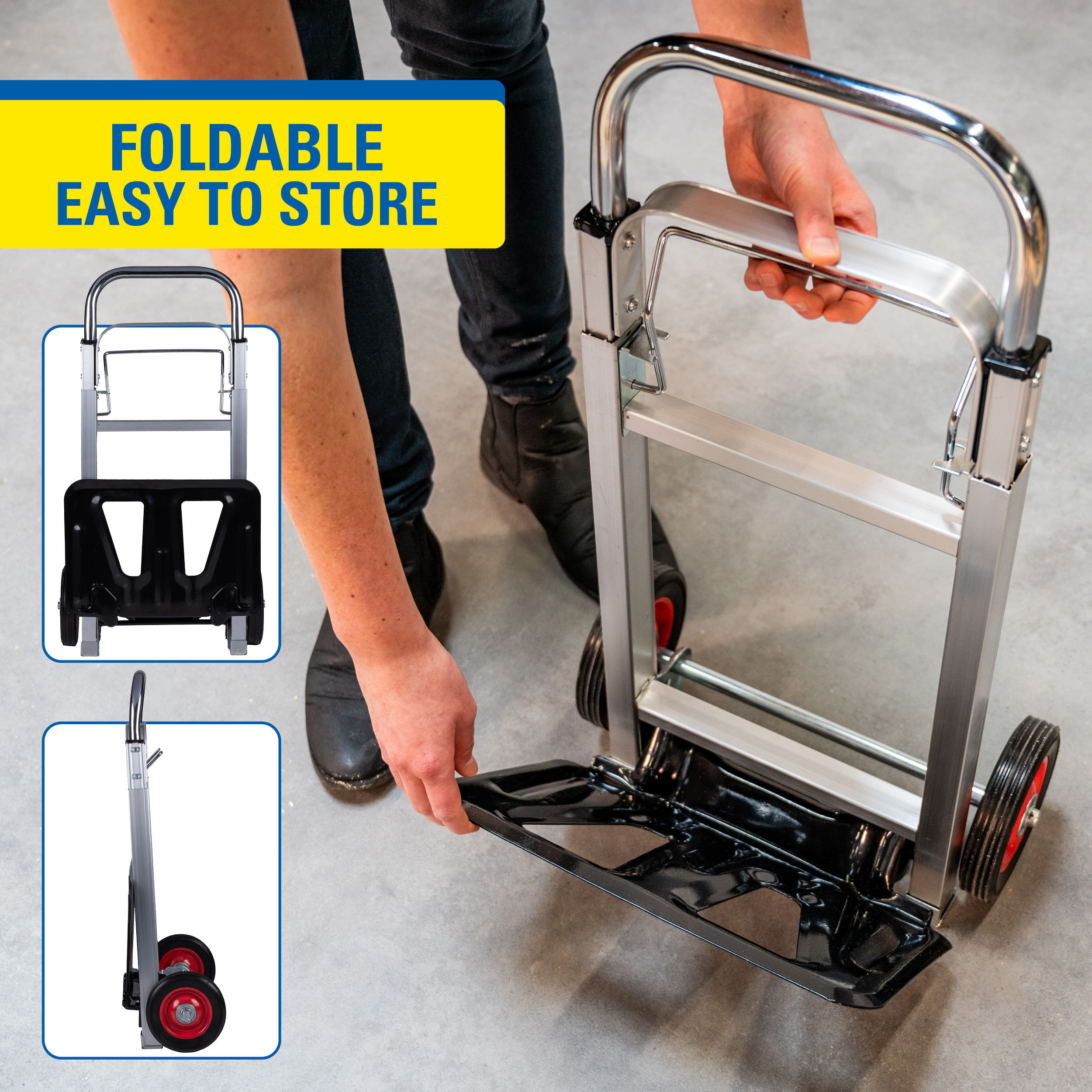 A hand truck is displayed. It is silver and has red wheels.