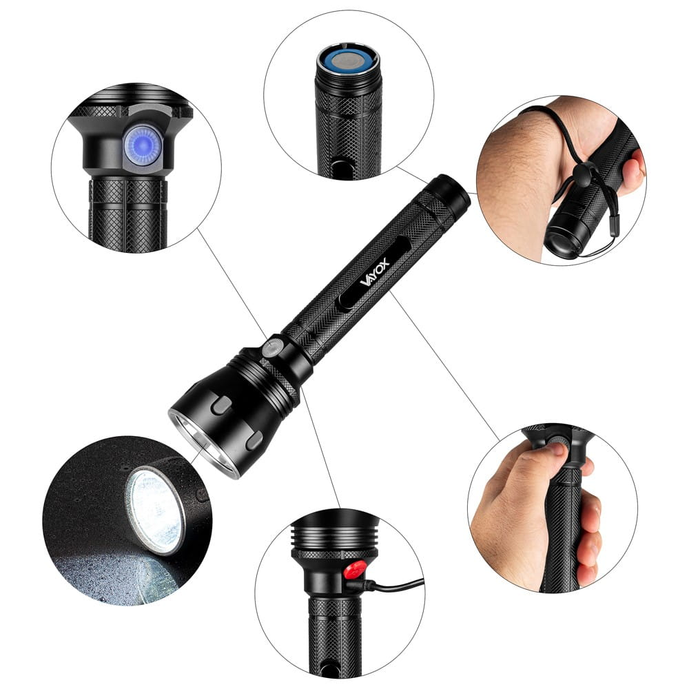 Czarna latarka z różnymi podświetlonymi funkcjami.