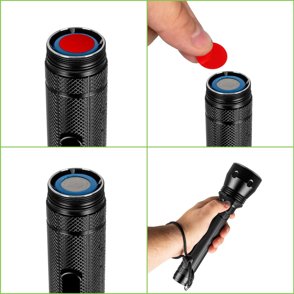 Zbliżenia czarnej latarki i czerwonego dysku.