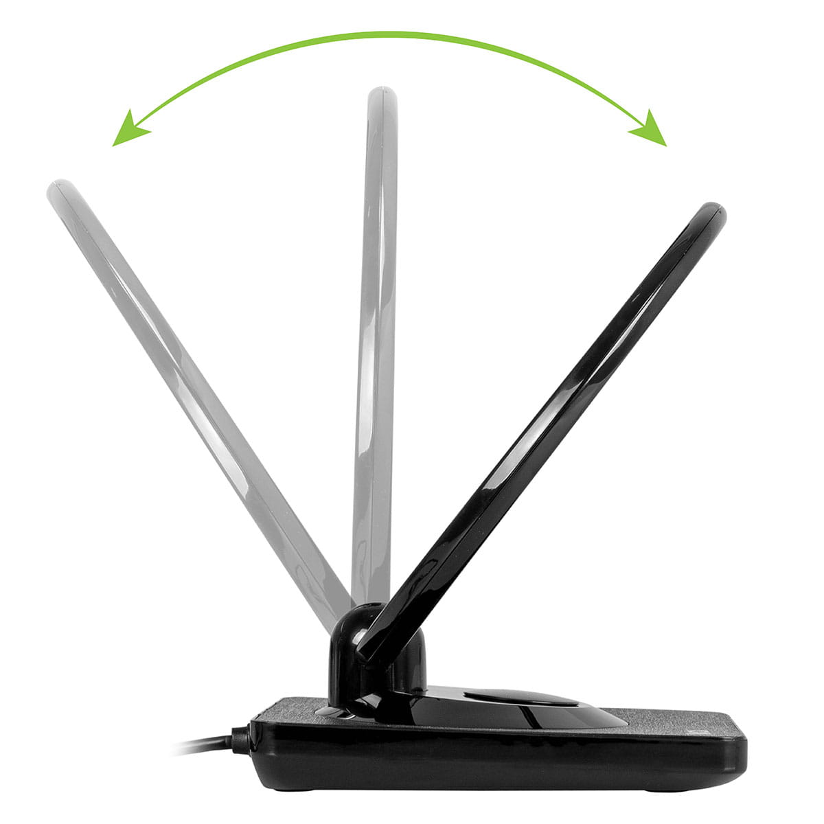 Widok z boku podstawy czarnej anteny TV z dwiema antenami skierowanymi w różnych kierunkach.