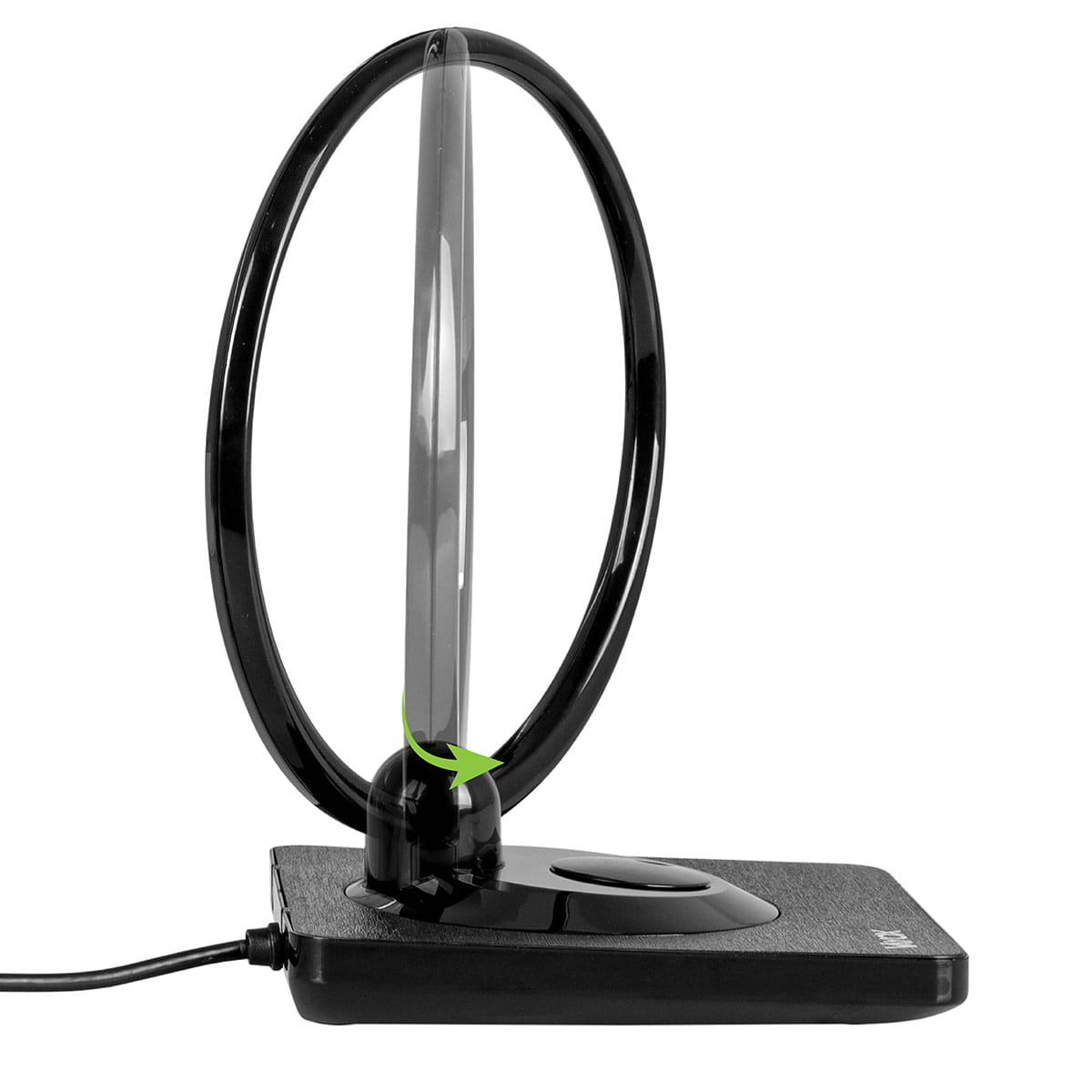 Czarna antena. Zakrzywiony kształt i podstawa.