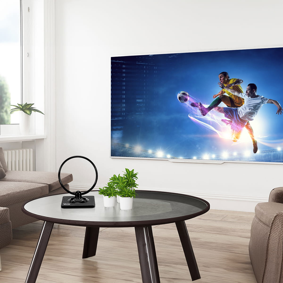 Salon z telewizorem pokazującym mecz piłki nożnej. Czarna antena i rośliny znajdują się na stoliku kawowym.