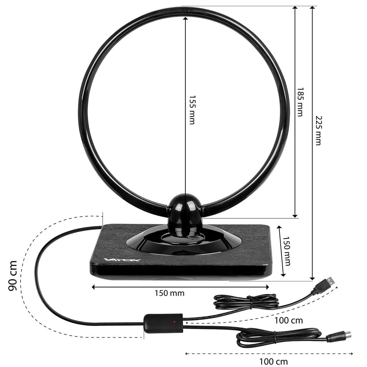 Czarna antena TV z wymiarami. Antena ma okrągłą pętlę i prostokątną podstawę.