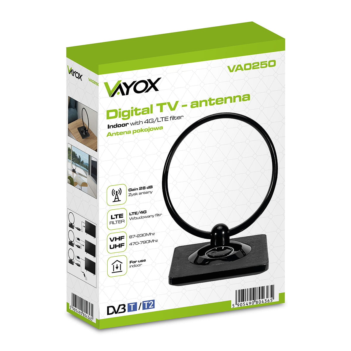 Zapakowana wewnętrzna antena telewizji cyfrowej z okrągłą anteną. Pudełko zawiera markę Vayox.