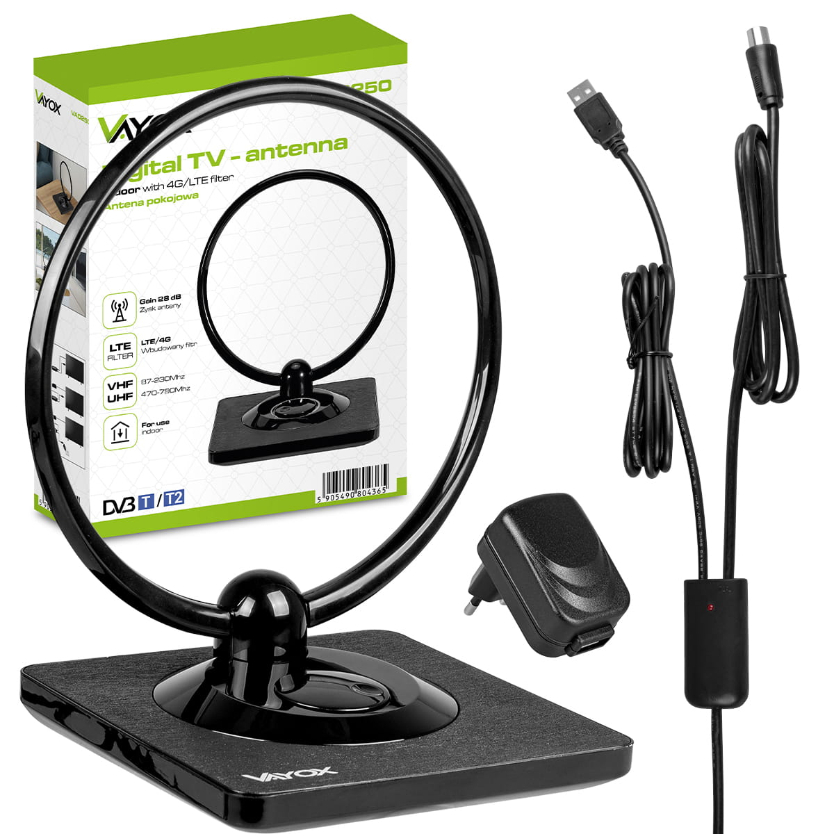 Czarna antena TV z okrągłą pętlą i podstawą, z kablami i zasilaczem.