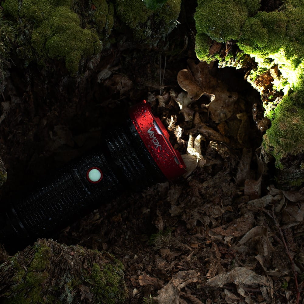 Latarka w lesie. Czerwone akcenty na latarce.