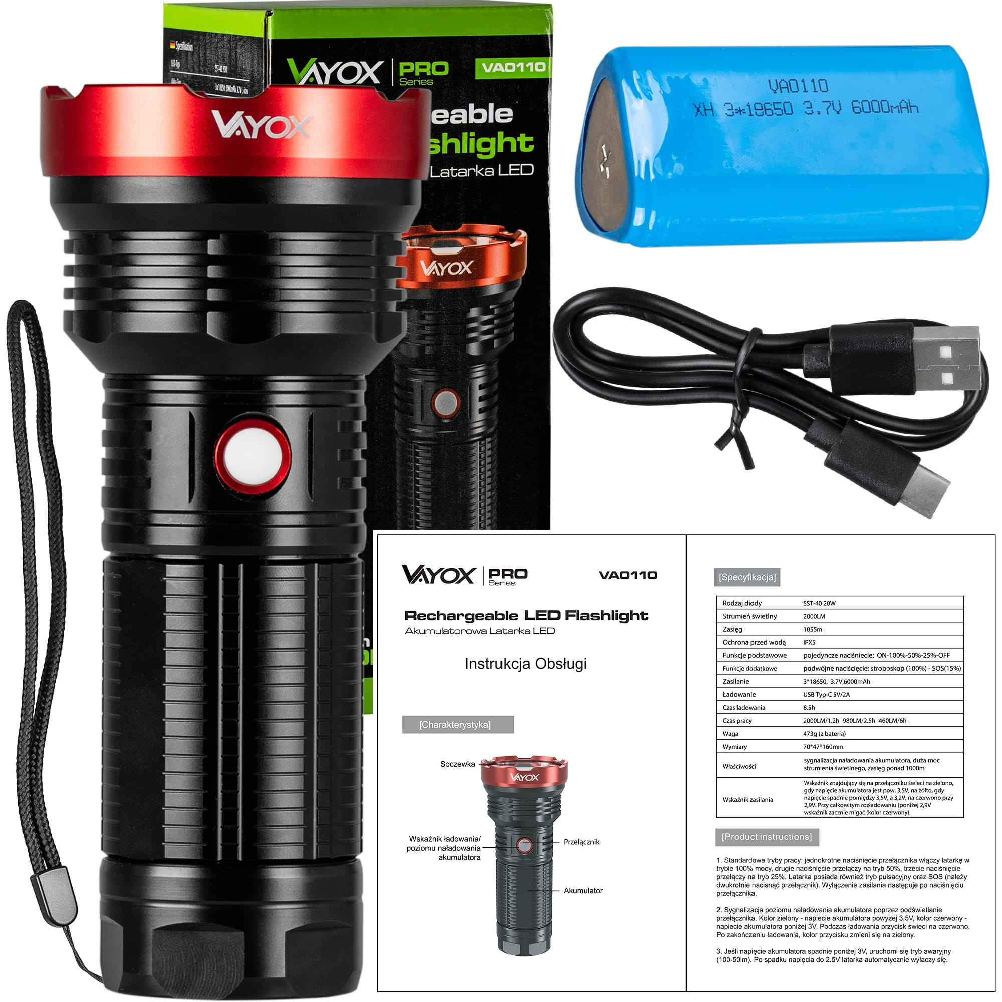 Czarna i czerwona latarka LED z baterią i ładowarką oraz informacjami o produkcie.
