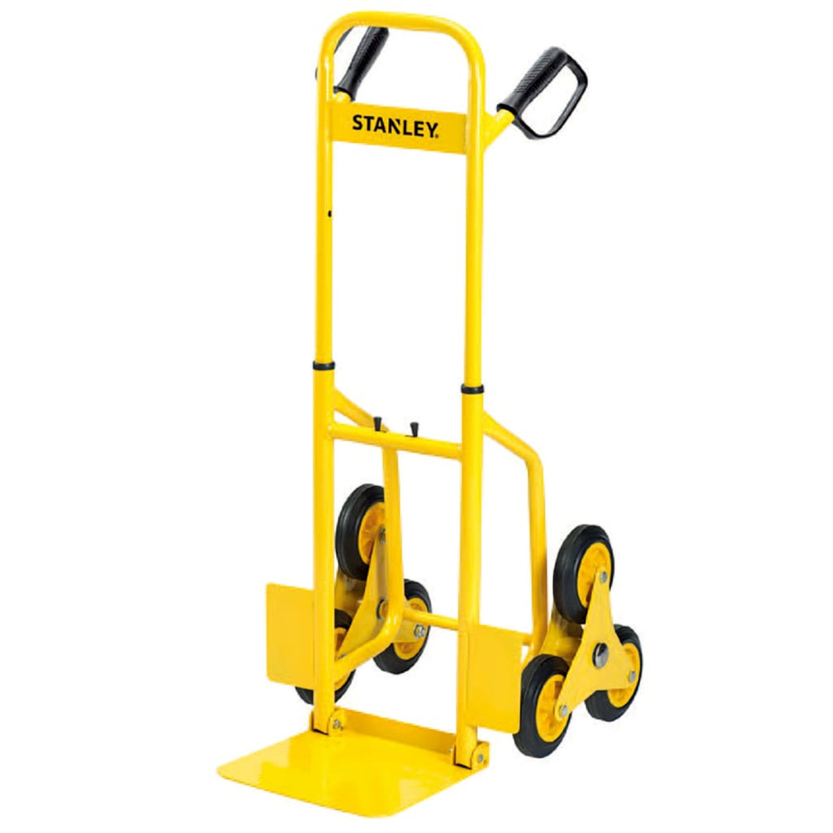 Yellow Stanley hand truck for stairs. Features three wheels per side for climbing.