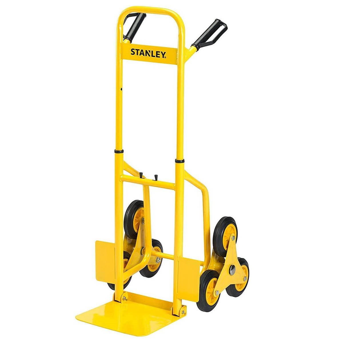 Yellow Stanley hand truck for stairs. Shows the Stanley logo and the handle structure.