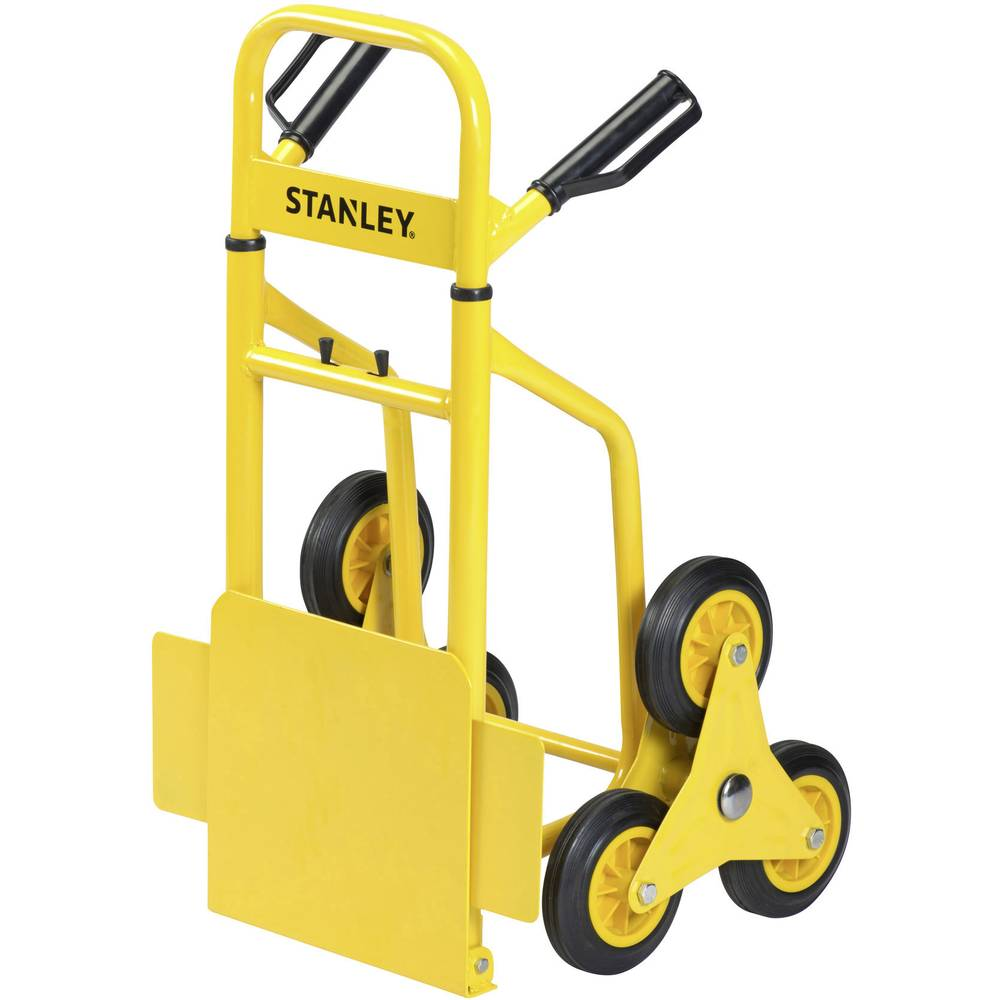 Yellow Stanley hand truck for stairs. Shows the three-wheel design and the handle.
