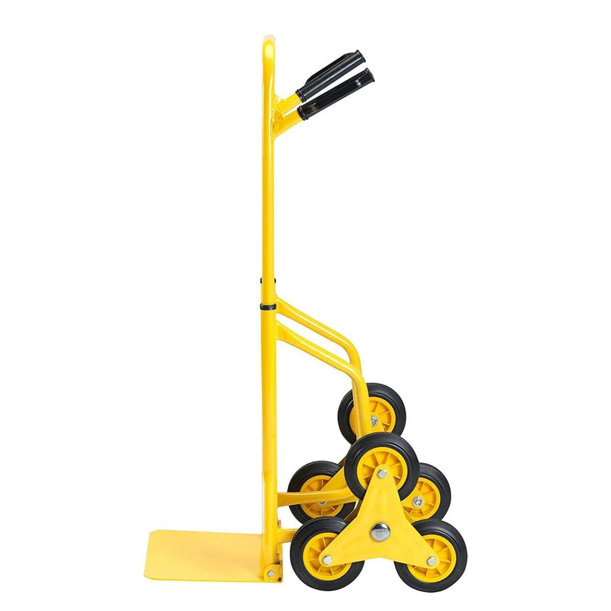 Yellow Stanley hand truck for stairs, side view. Shows three wheels per side and the handle.