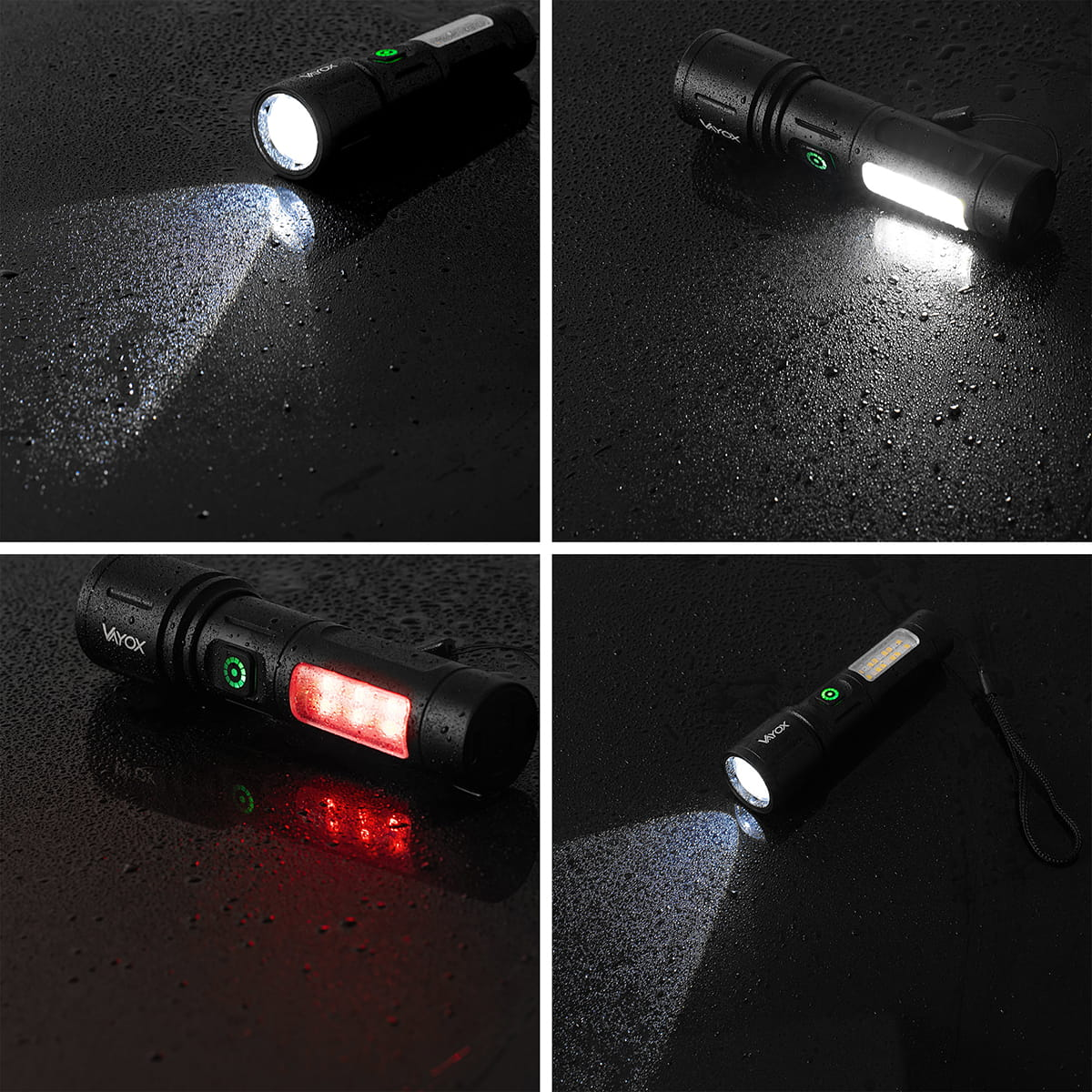 Cztery zdjęcia czarnej latarki Vayox w różnych trybach światła na mokrej powierzchni.