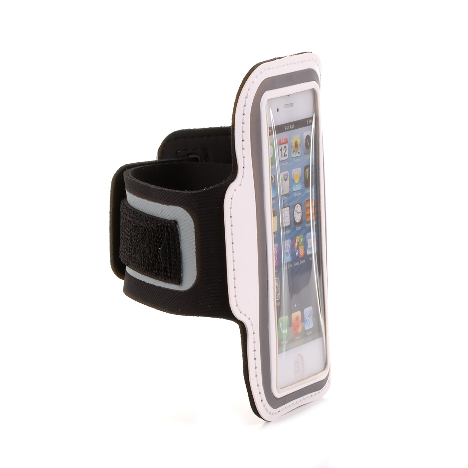 Brazalete blanco y negro con un teléfono dentro, sobre un fondo blanco.