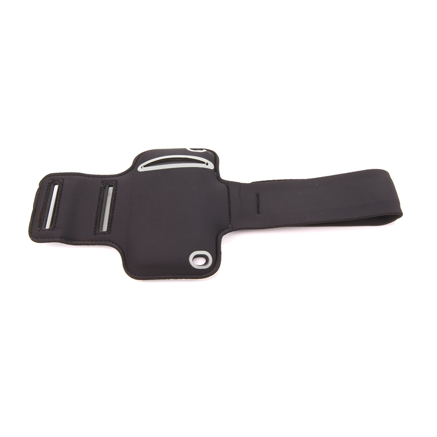 Brazalete negro con ranura para teléfono. Tiene una correa.