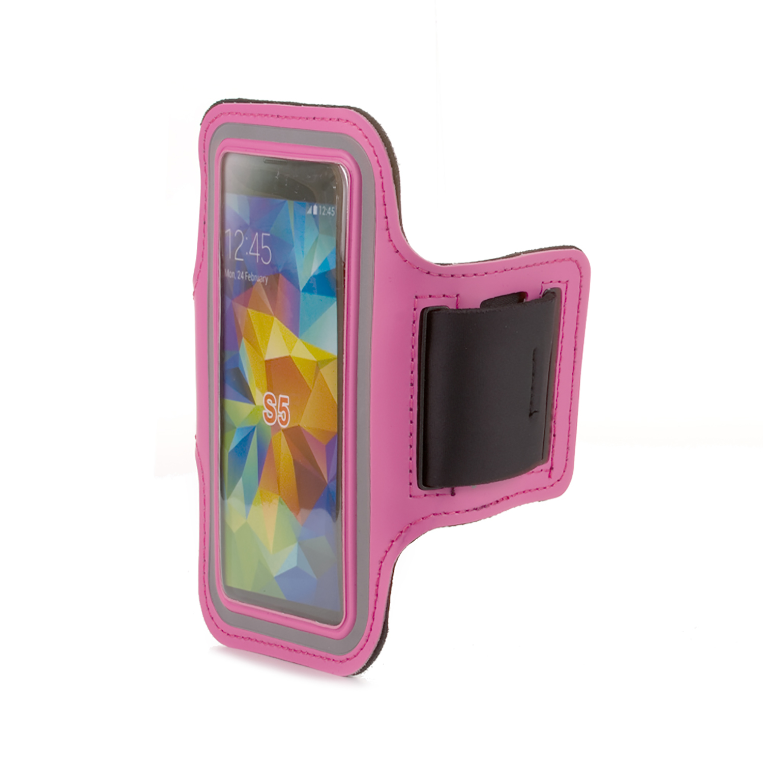 Un brazalete rosa con un teléfono dentro, una correa negra y un fondo blanco.