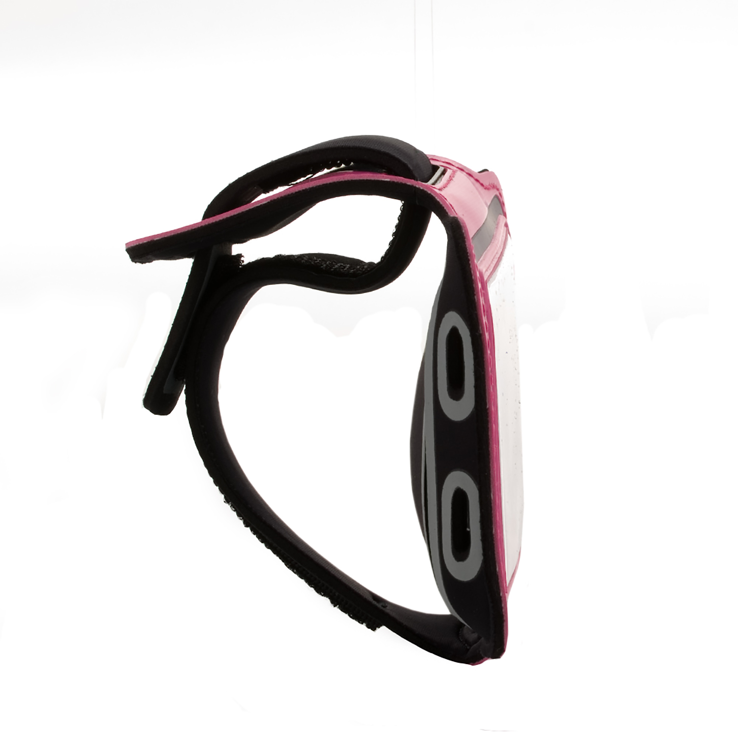 Un brazalete rosa y negro con una sección de plástico transparente, sobre un fondo blanco.