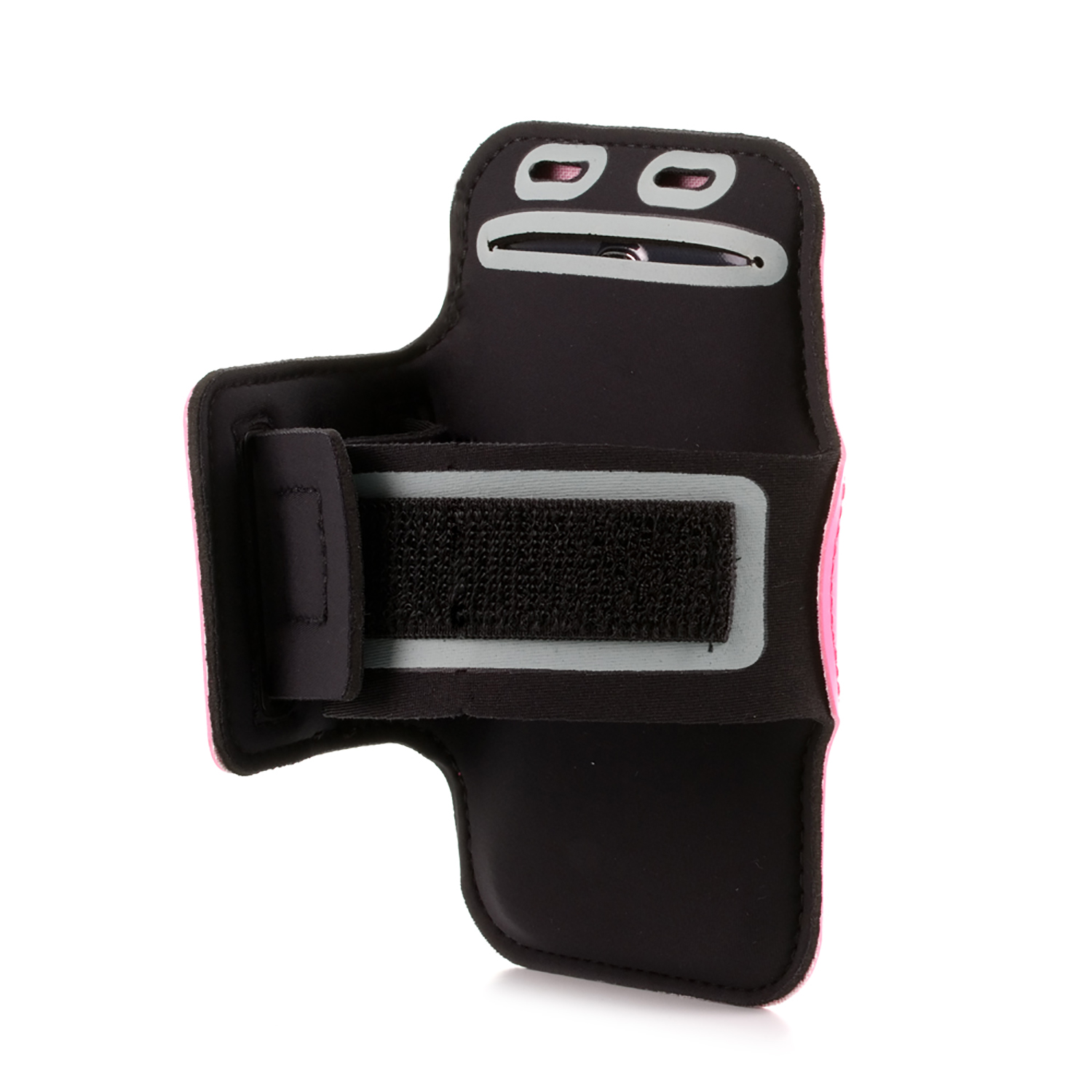 Un brazalete rosa y negro con correa de velcro y fondo blanco.
