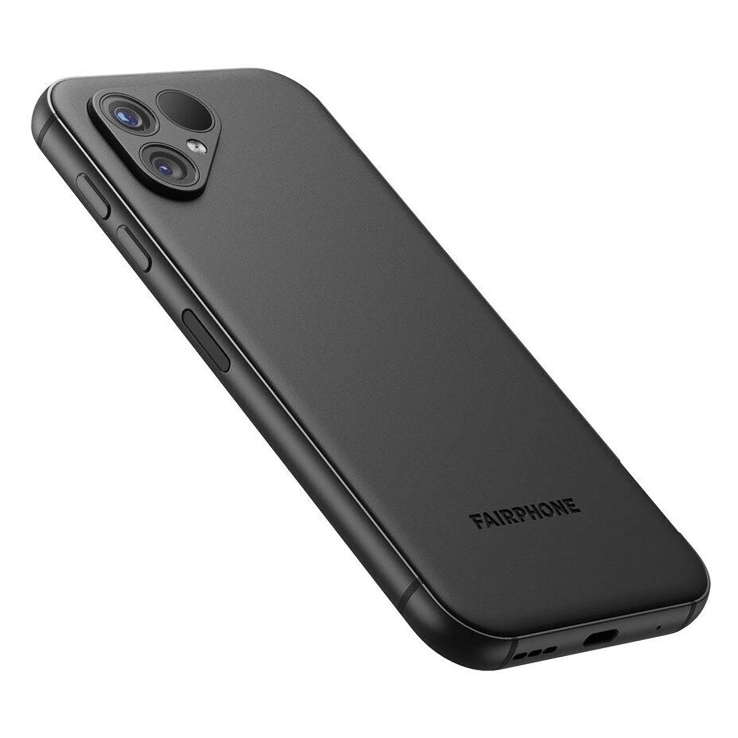 Czarny Fairphone z trzema obiektywami aparatu. Telefon jest lekko pochylony.