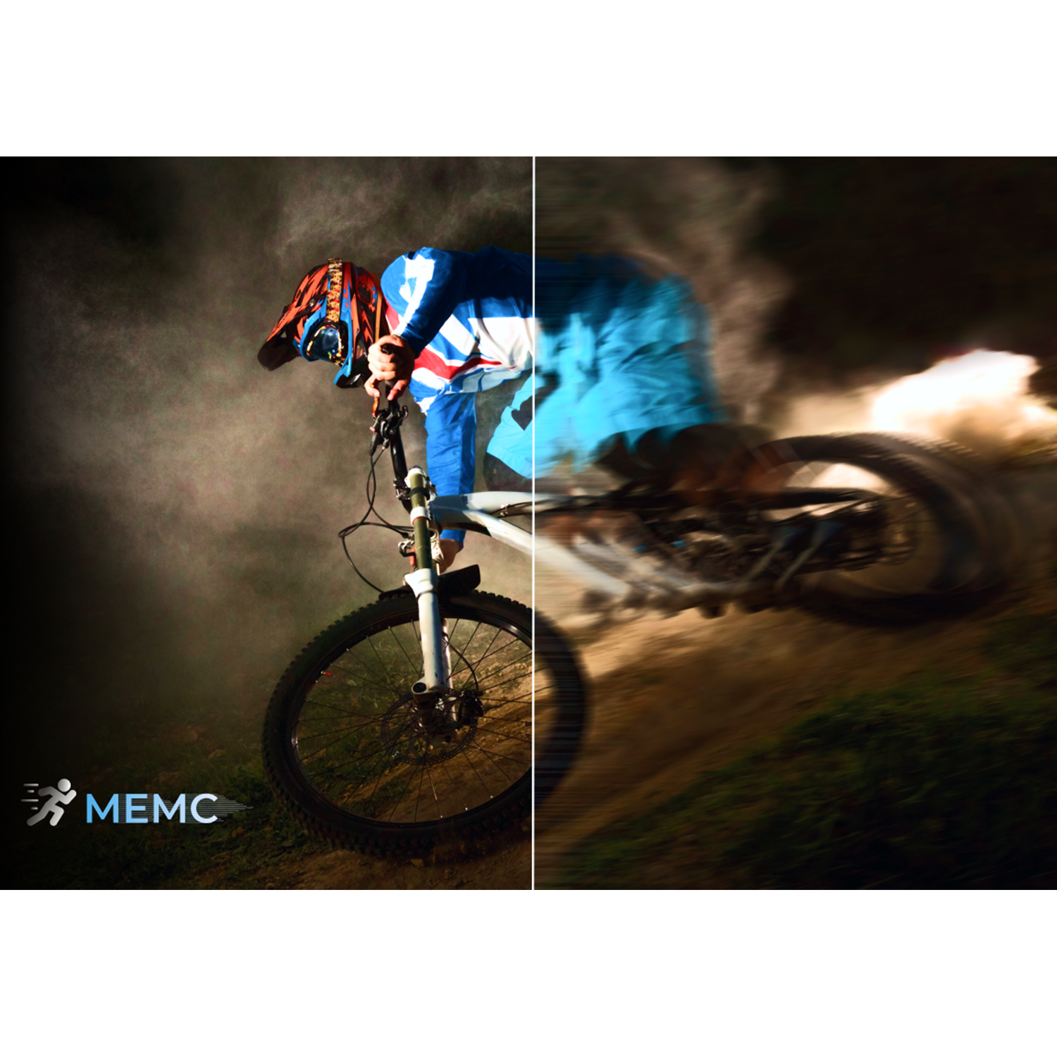 Ein Mountainbiker beim Fahren, mit verschwommener rechter Seite und MEMC-Logo.