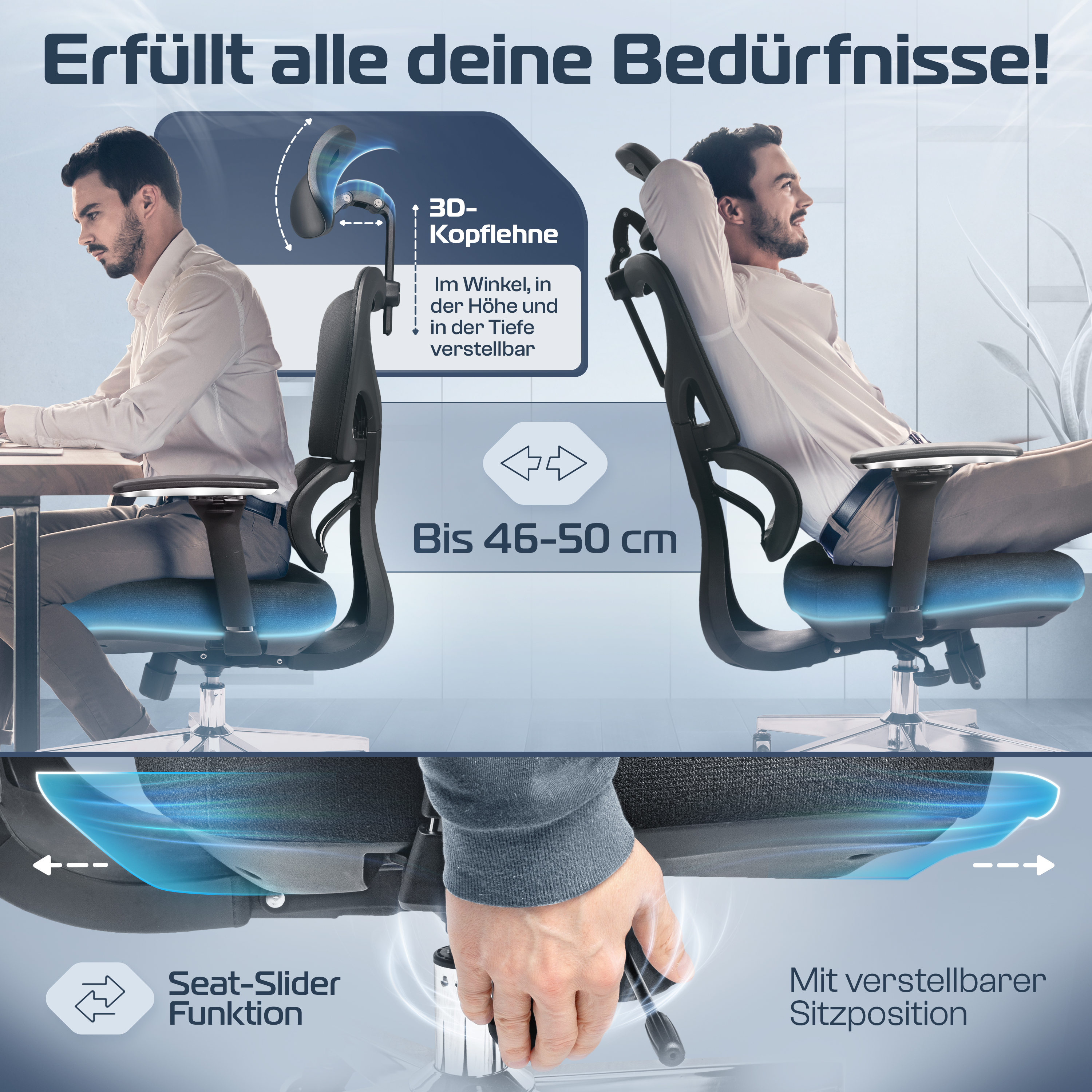 Zwei Personen demonstrieren die Eigenschaften eines Bürostuhls und Text.