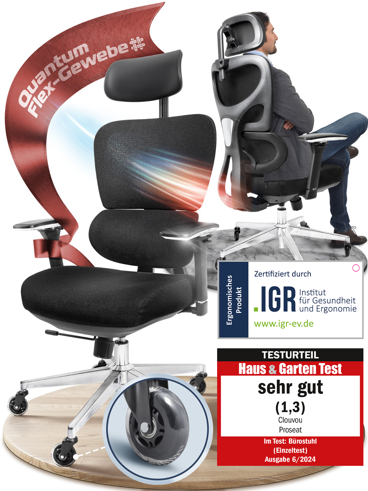 Ein ergonomischer Bürostuhl mit sitzender Person und Produktinformationen.