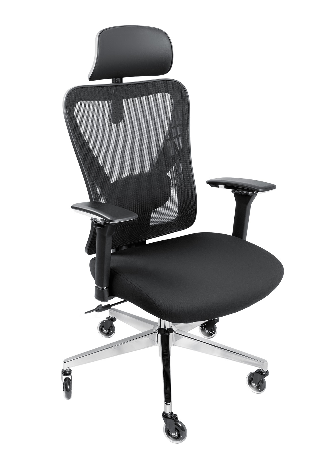 Schwarzer ergonomischer Bürostuhl mit Netzrücken und Kopfstütze. Chromfuß und Armlehnen.