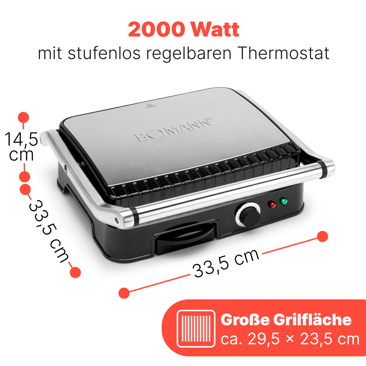 Grill z wymiarami, tekstem 'Große Grillfläche'. Pokrętło i kontrolki.