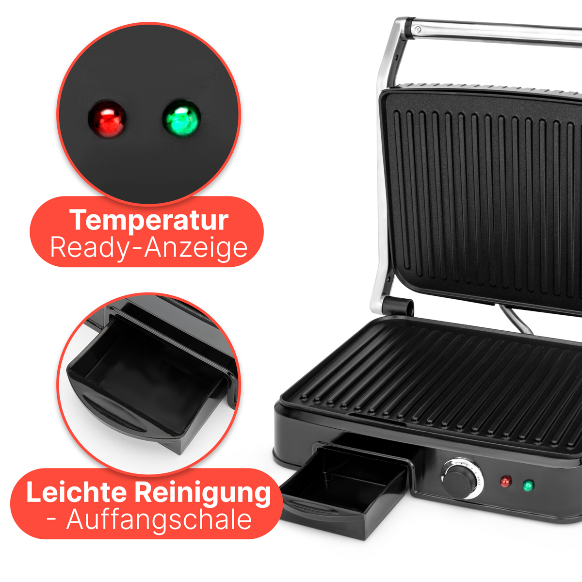Zbliżenie wskaźnika temperatury grilla z czerwonymi i zielonymi światłami. Również tacka ociekowa.