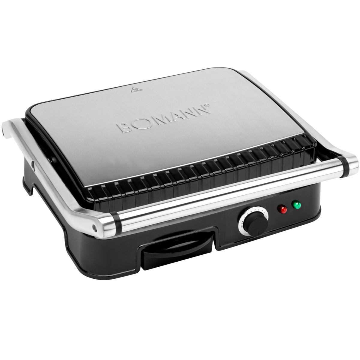 Zamknięty grill z napisem 'BOMANN'. Srebrny uchwyt i czarna podstawa. Pokrętło i kontrolki.