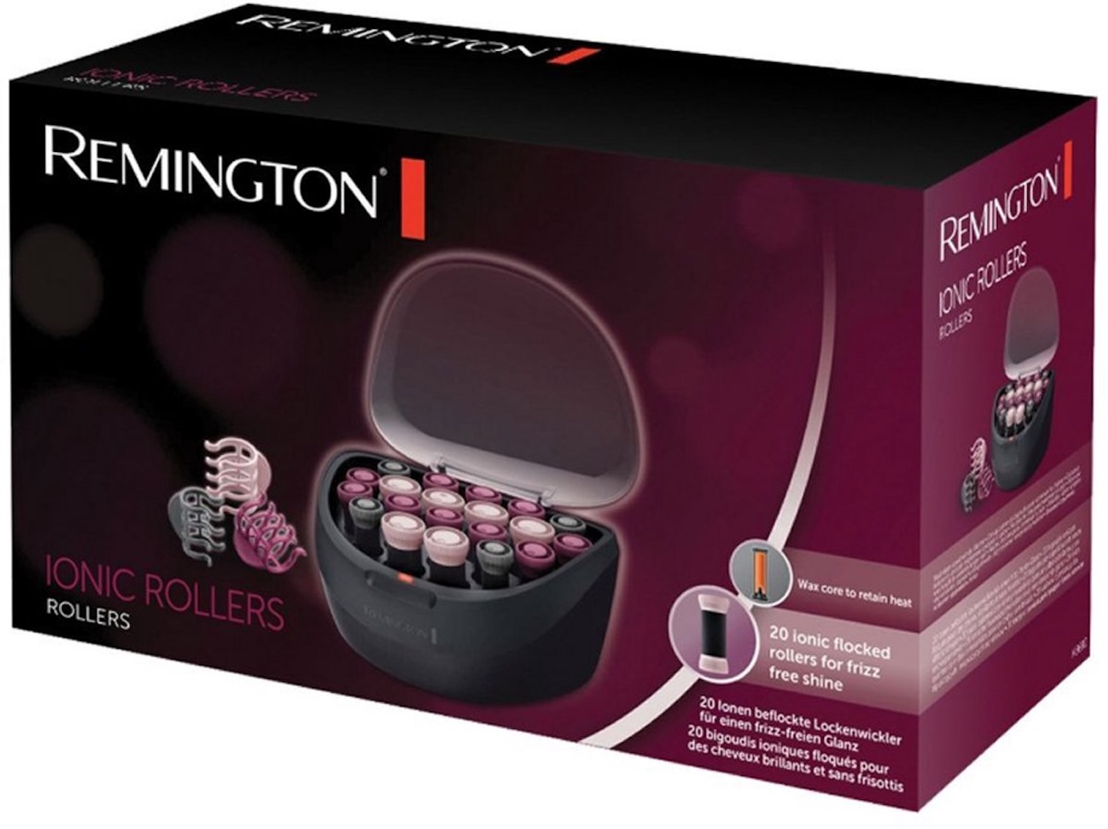 Pudełko wałków jonowych Remington. Zawiera wałki i akcesoria, ciemna kolorystyka z różowymi akcentami.