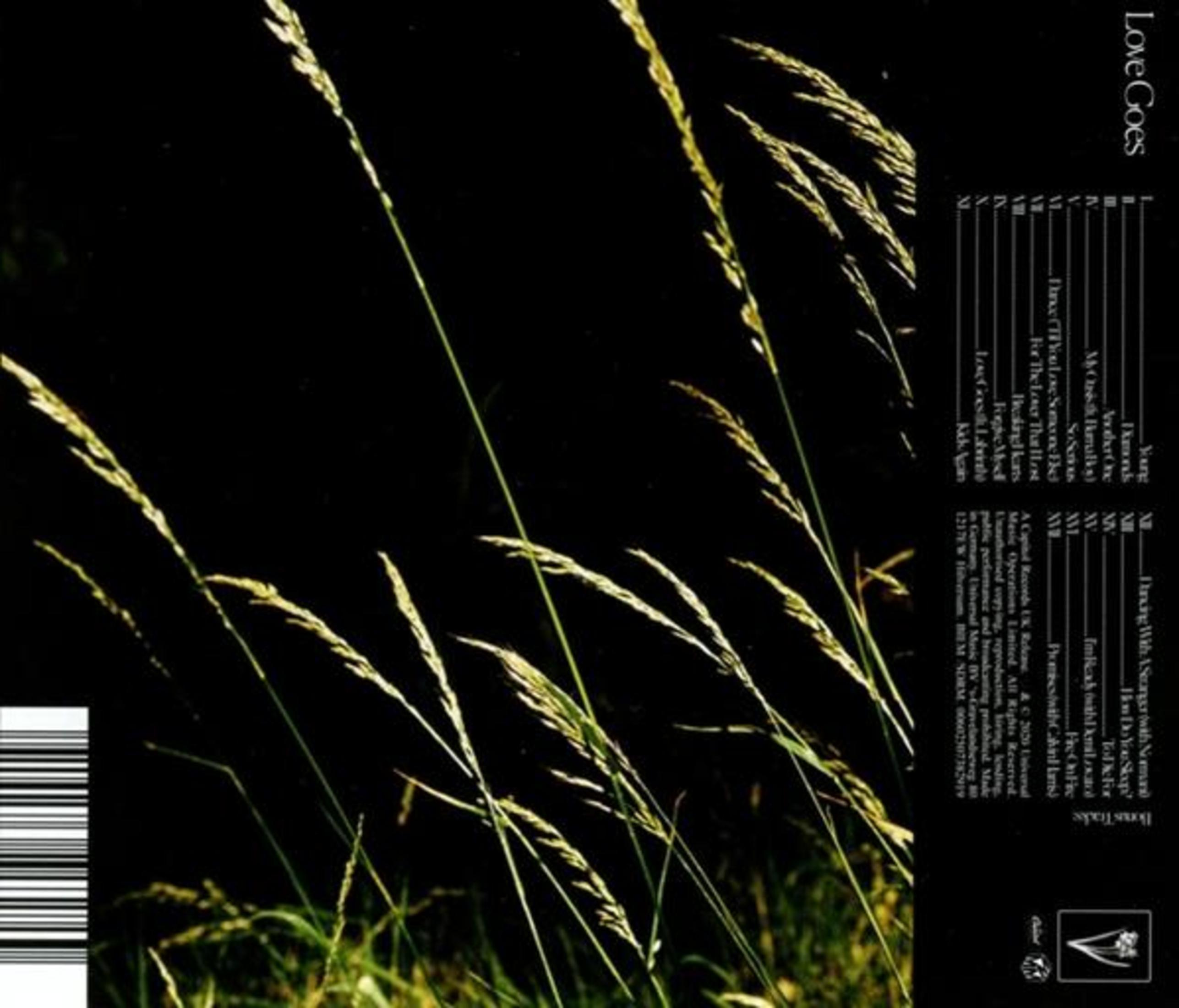 Pochette d'album. Herbe haute sur fond noir. Texte : Love Goes.