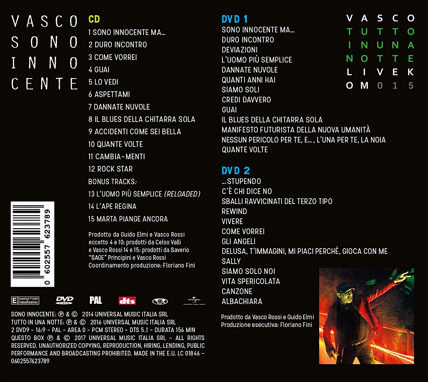 Tylna okładka płyty CD Vasco Rossi, z listami utworów dla CD i DVD. Zdjęcie artysty.