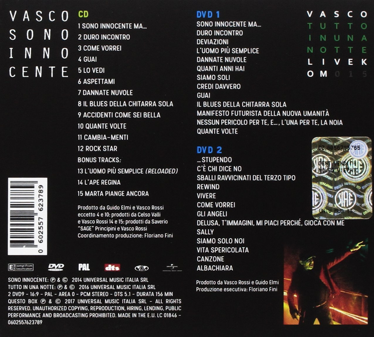 Pudełko CD i DVD Vasco Rossi z listą utworów i zdjęciami.