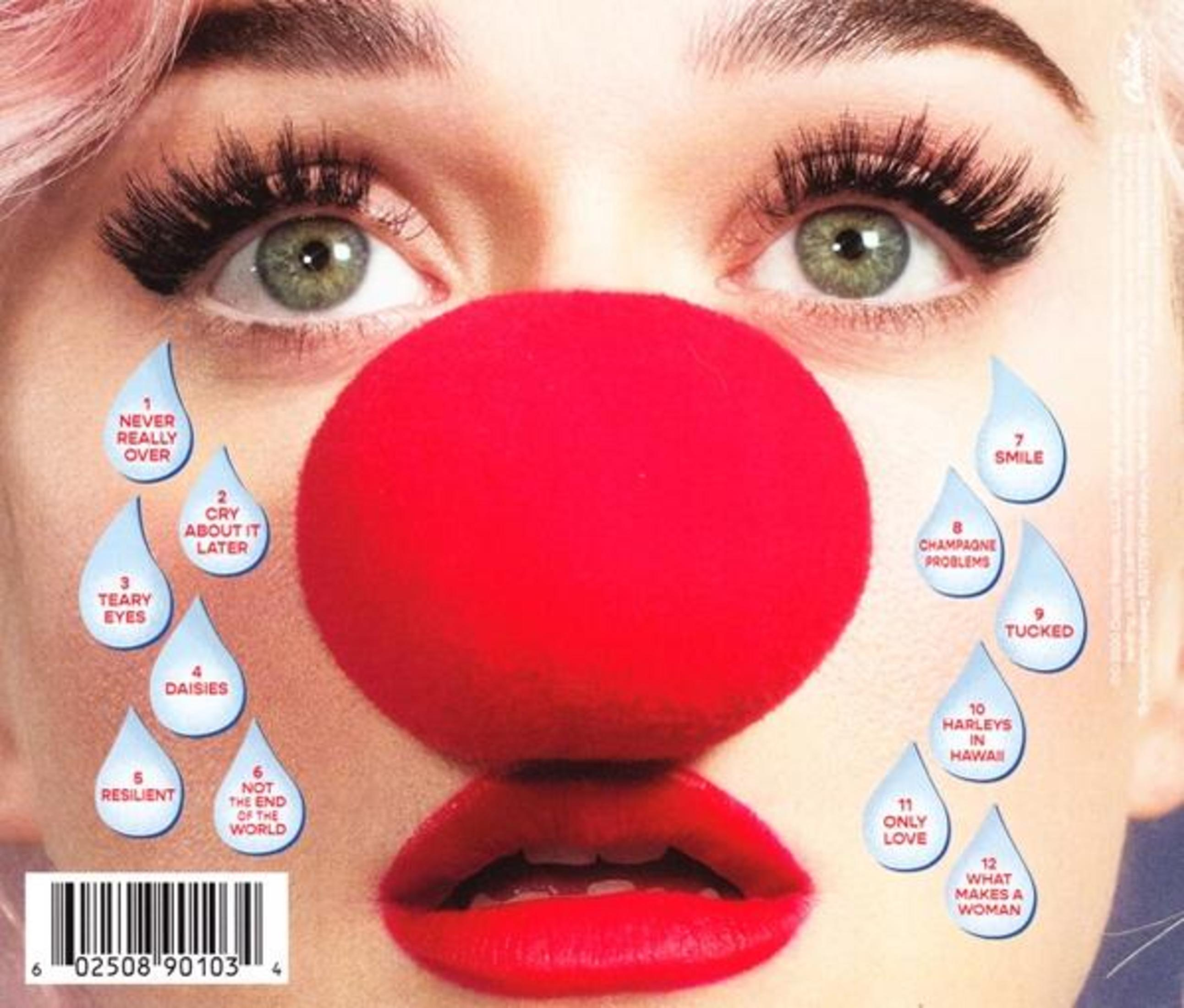 Katy Perrys Gesicht mit Clownsnase, Tränen und Songtiteln. Albumcover für 'Smile'.