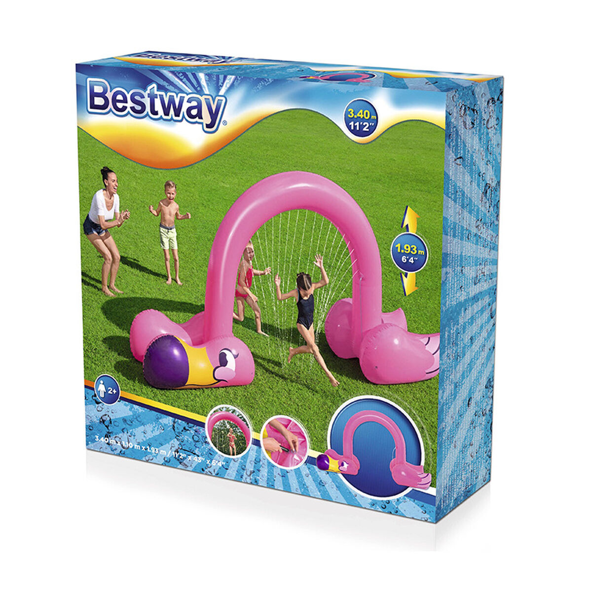 Una caja Bestway con un arco de aspersor de flamenco rosa y niños jugando en él.