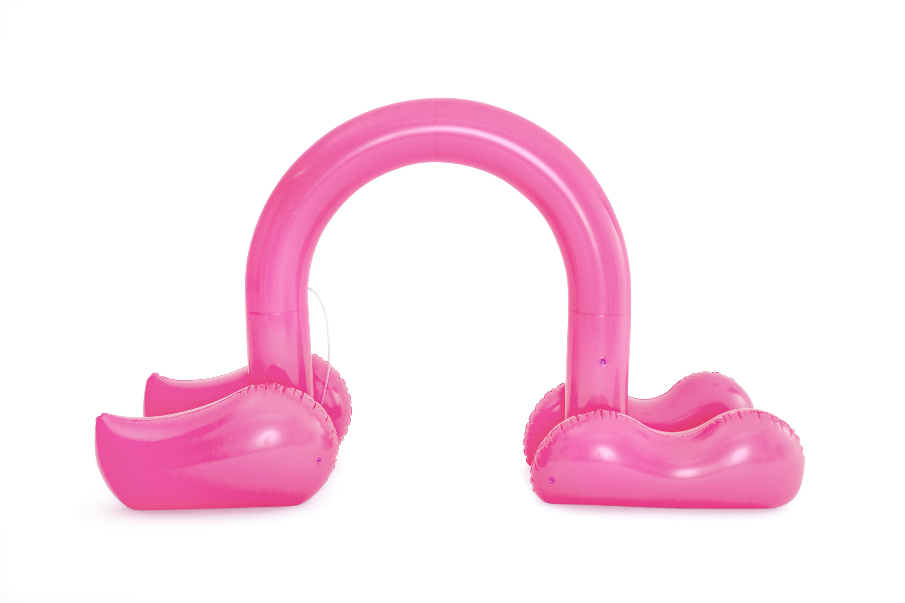 Arco inflable rosa con detalles de flamenco, aislado sobre un fondo blanco.