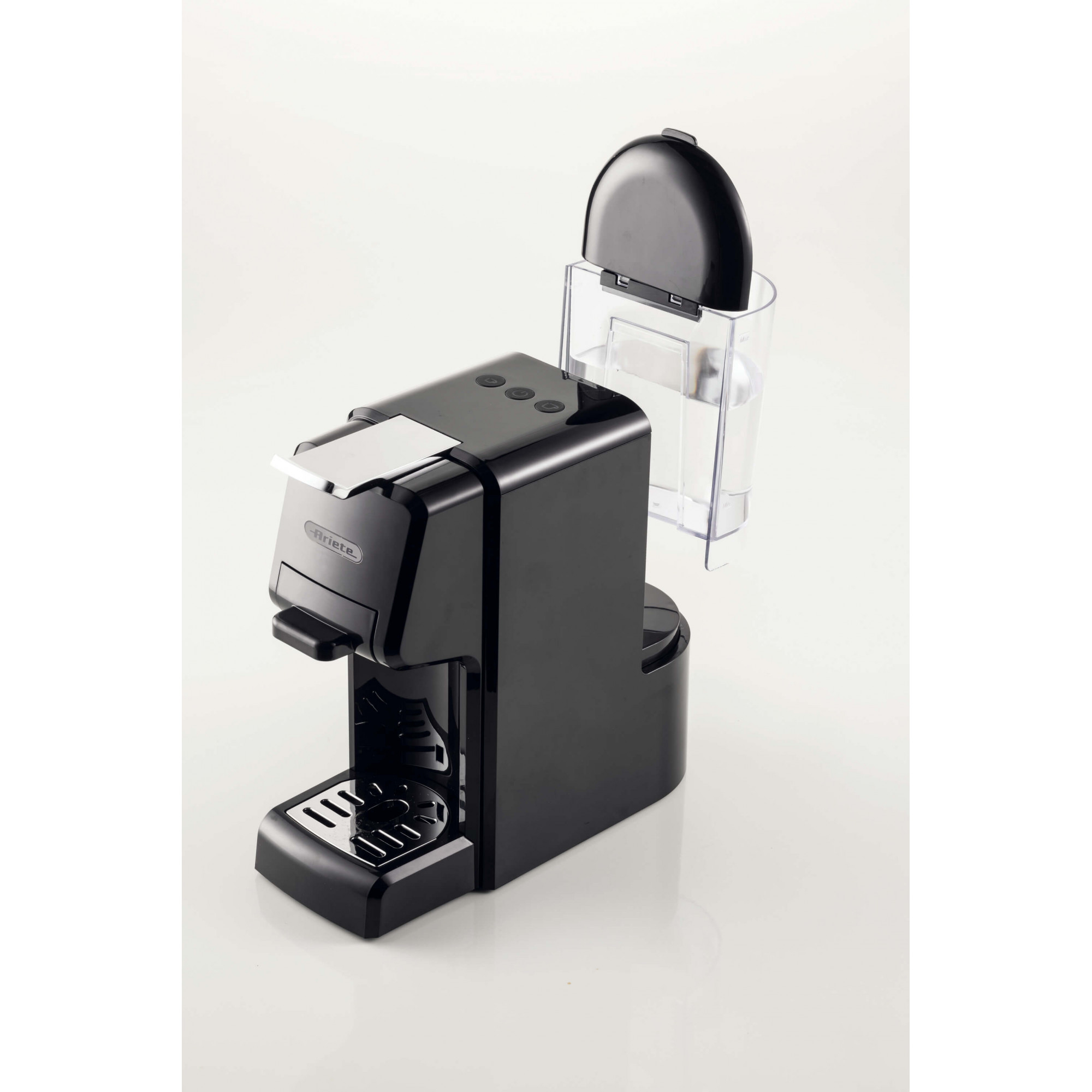 Czarny ekspres do kawy ze srebrnym uchwytem, pojemnikiem na wodę i trzema przyciskami na górze.