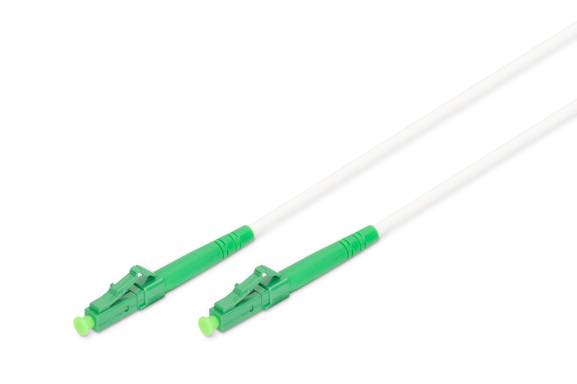 Due cavi in fibra ottica con estremità verdi. I connettori sono verdi con una copertura protettiva. Sfondo bianco.