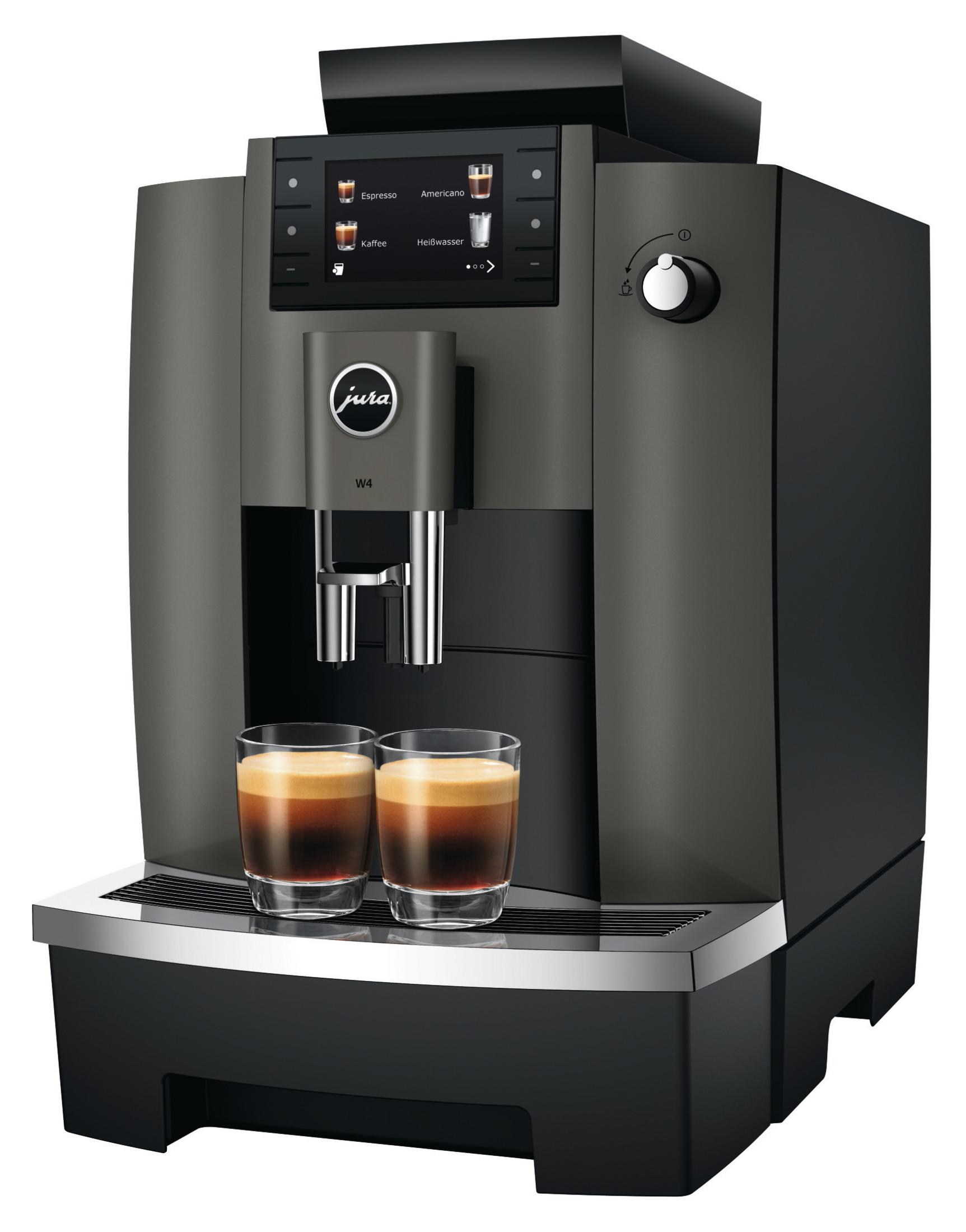 Szary ekspres do kawy z dwoma espresso. Maszyna posiada ekran dotykowy i zbiornik na wodę.