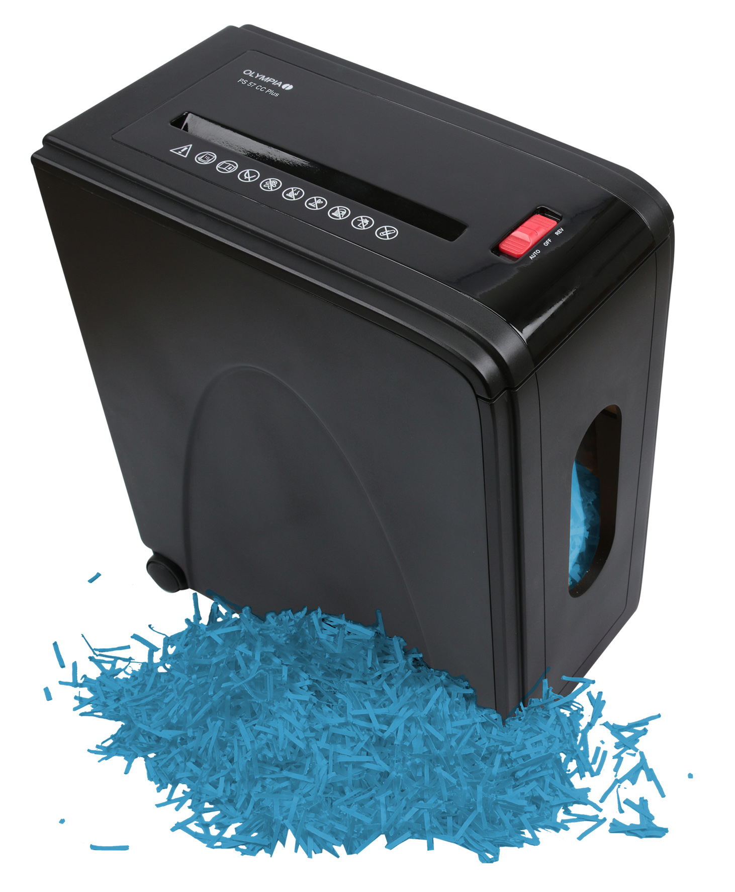 Czarna niszczarka do papieru z niebieskim pociętym papierem poniżej. Czerwony przycisk zasilania na górze.