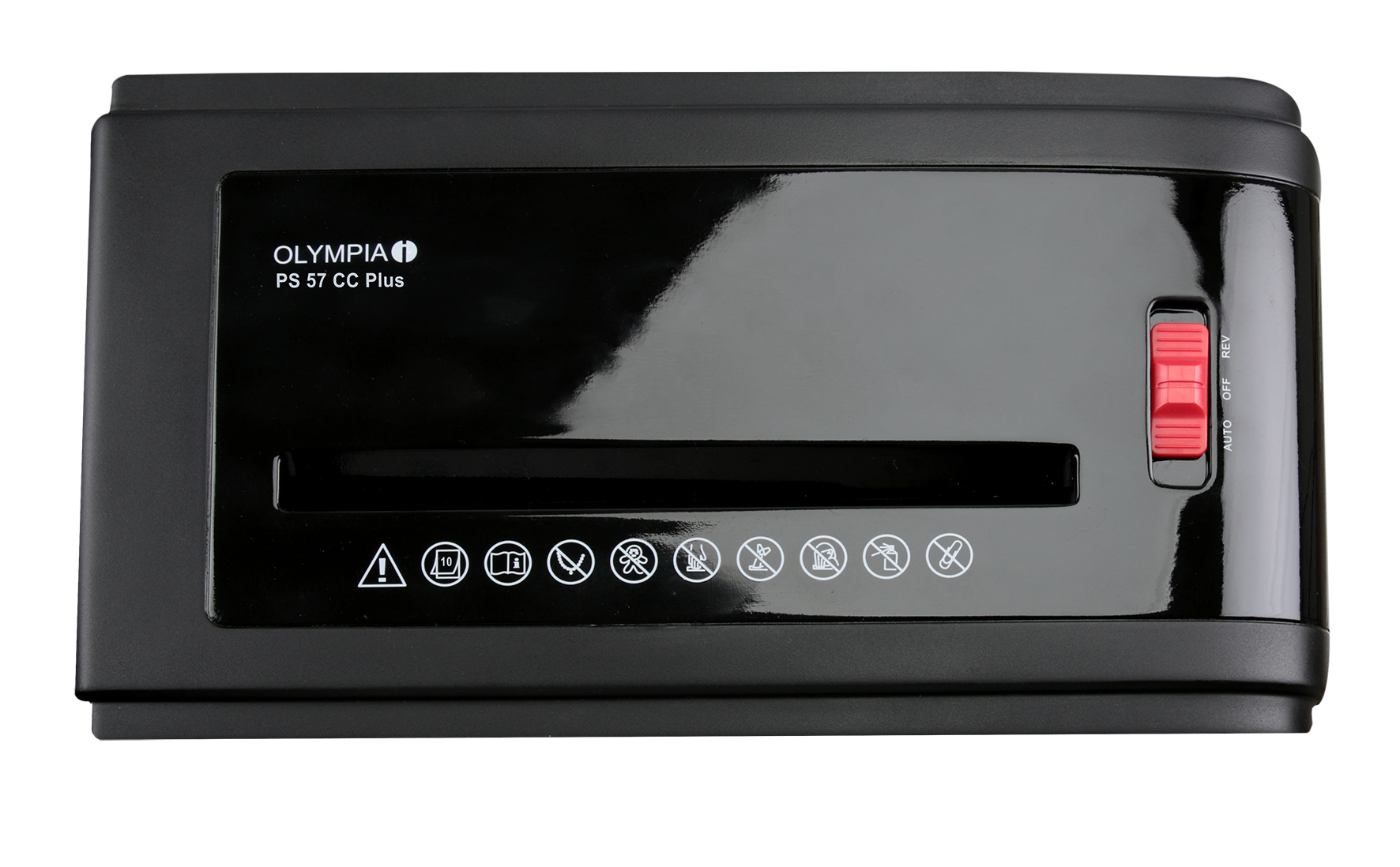 Czarna niszczarka Olympia. Czerwony przełącznik po prawej stronie. Białe tło.