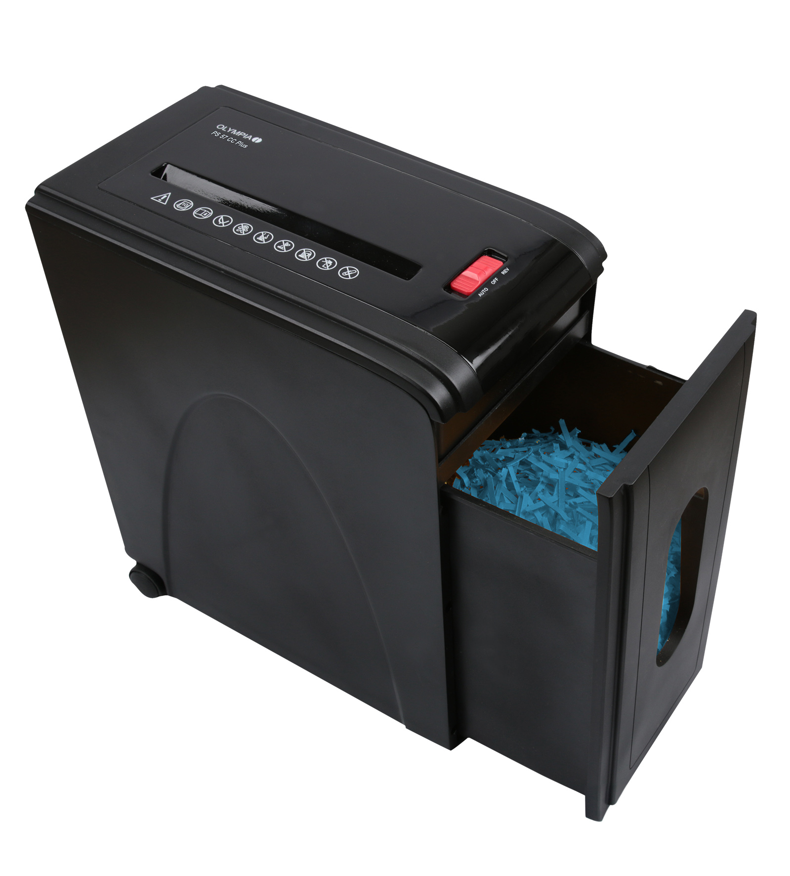 Czarna niszczarka do papieru z otwartym pojemnikiem wypełnionym niebieskim papierem. Czerwony przycisk.