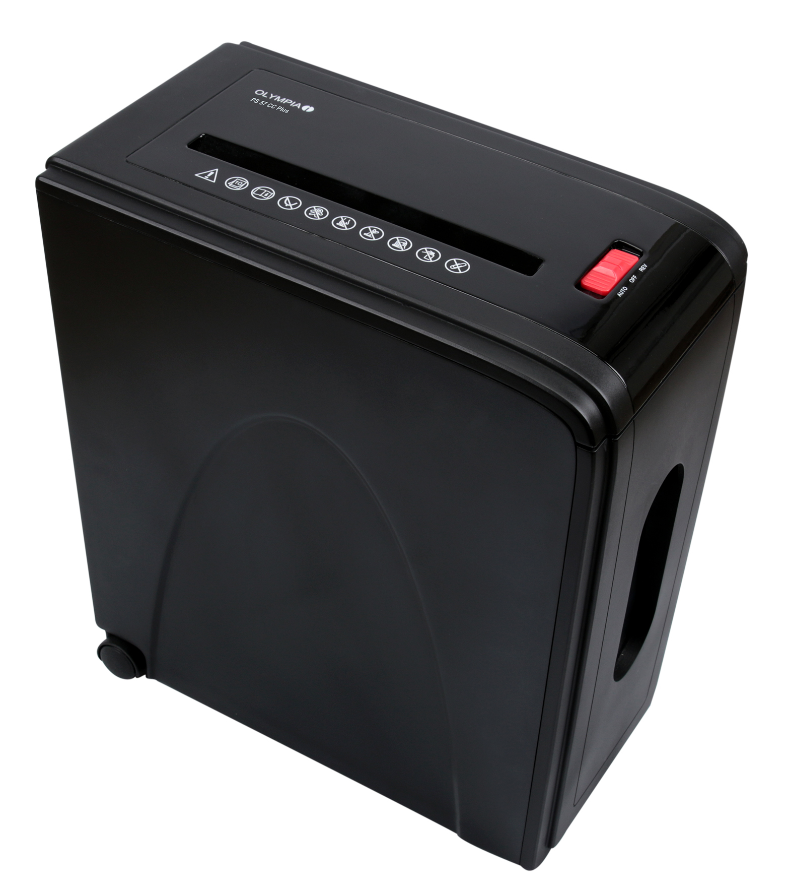 Czarna niszczarka do papieru, widok z góry, z czerwonym przyciskiem zasilania i zestawem symboli ostrzegawczych.