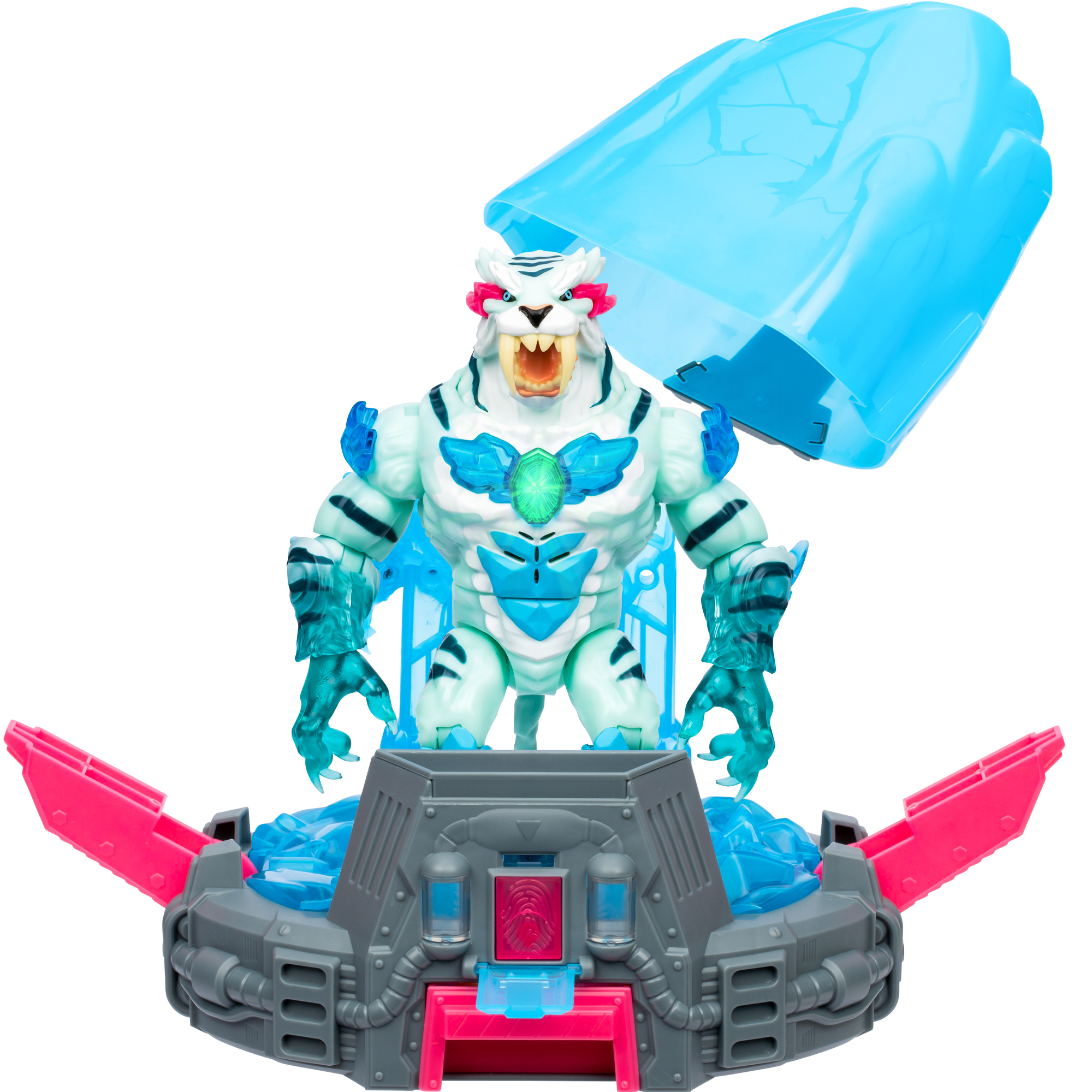 Figurka zabawki białego potwora. Stoi w stacji bojowej z otwartą niebieską kopułą.