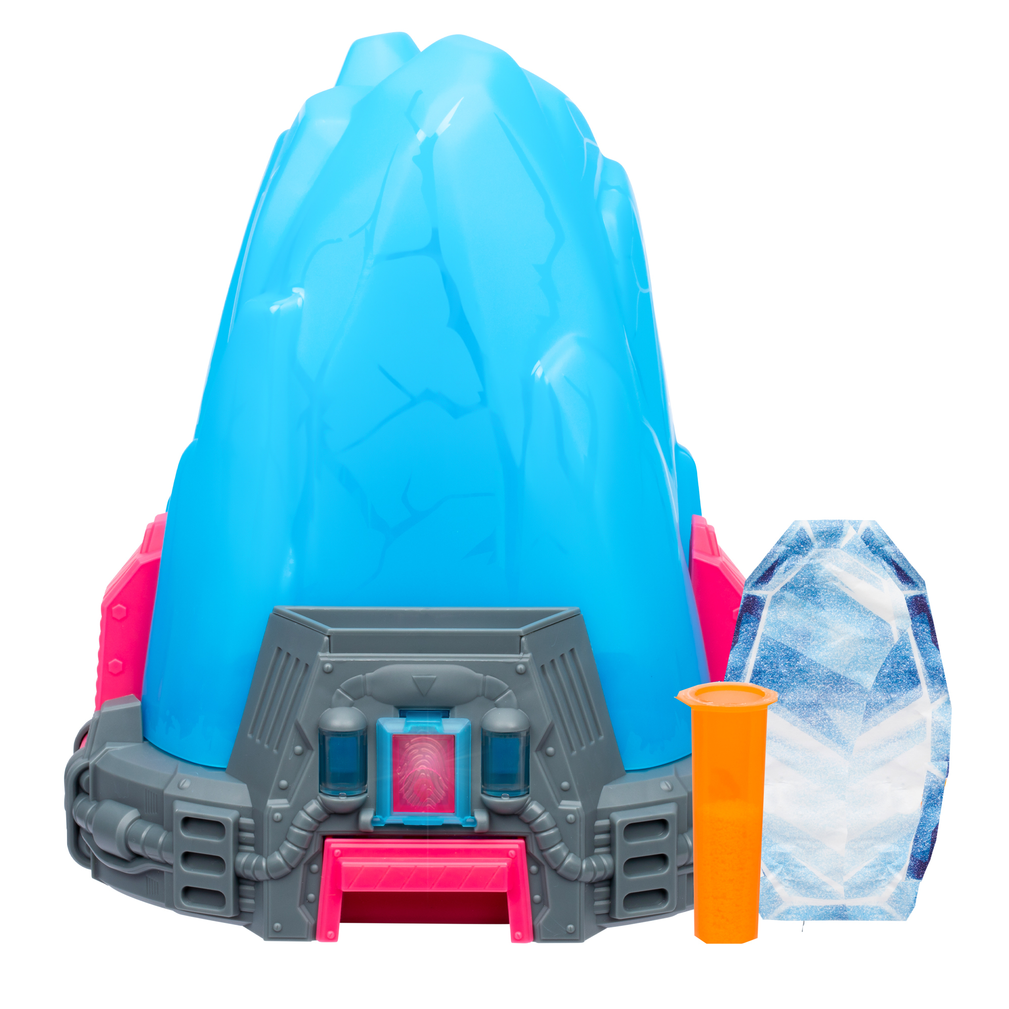 Niebieska i różowa zabawka z niebieską kopułą. Pomarańczowy plastikowy cylinder i kształt kryształu.