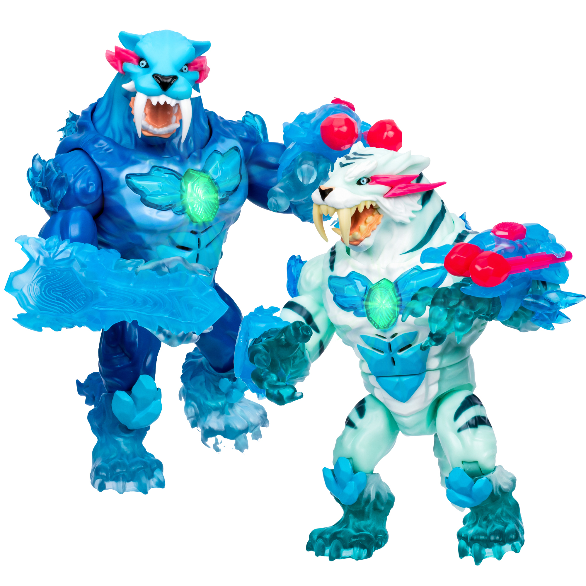 Dwie zabawki potwory. Jeden jest niebieski, drugi biały. Stoją. Białe tło.